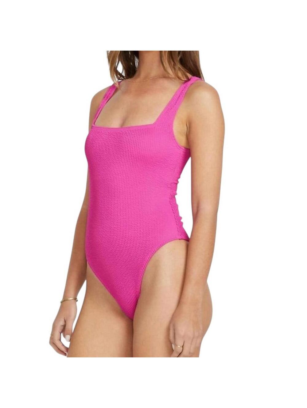 BILLABONG square neck textured solid hot pink high cut U back one piece swimsuit